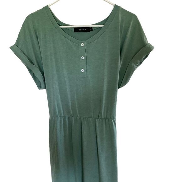 Zesica green cuffed sleeve belted sun dress large - Picture 2 of 6
